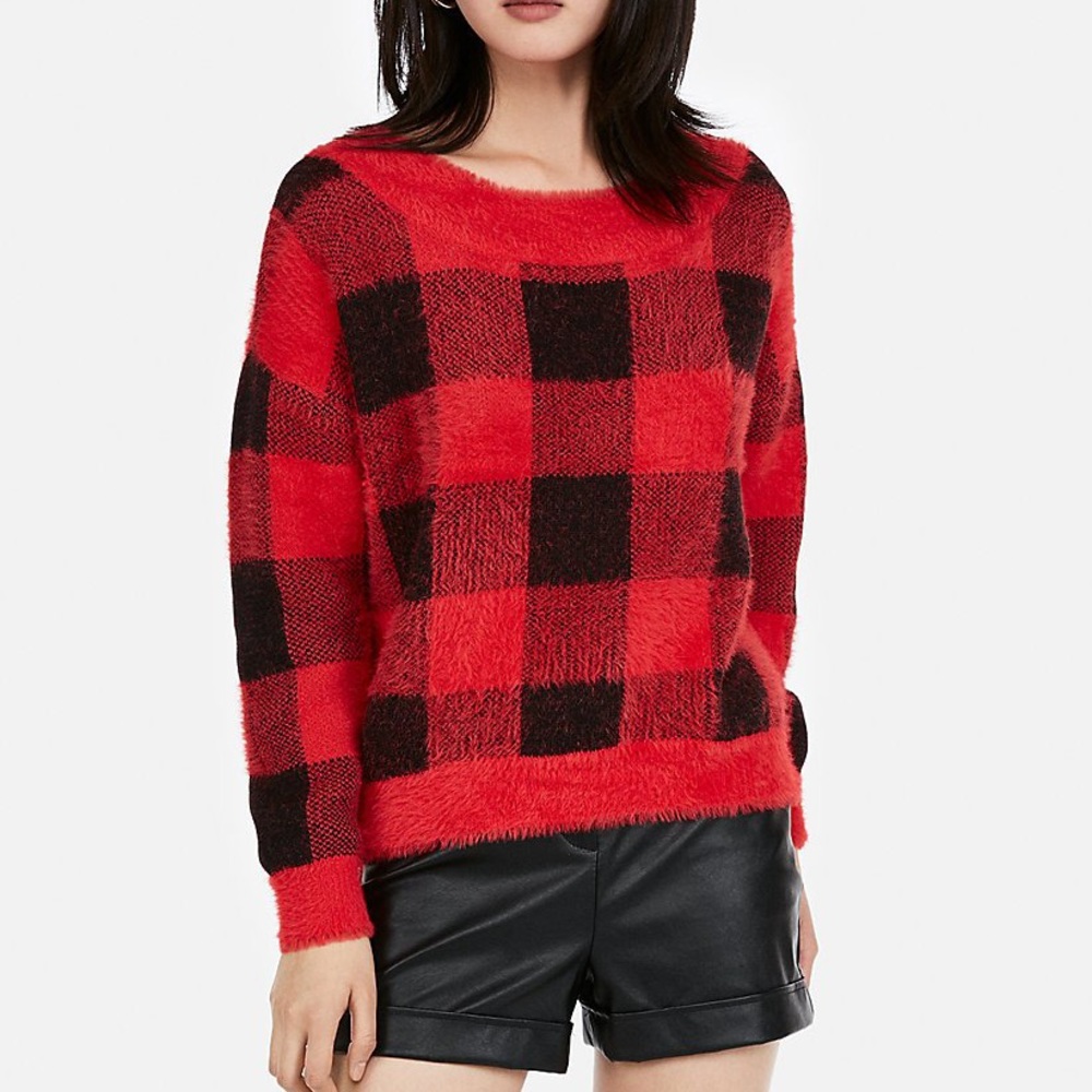 Express Buffalo Plaid Fuzzy Sweater - Picture 2 of 5